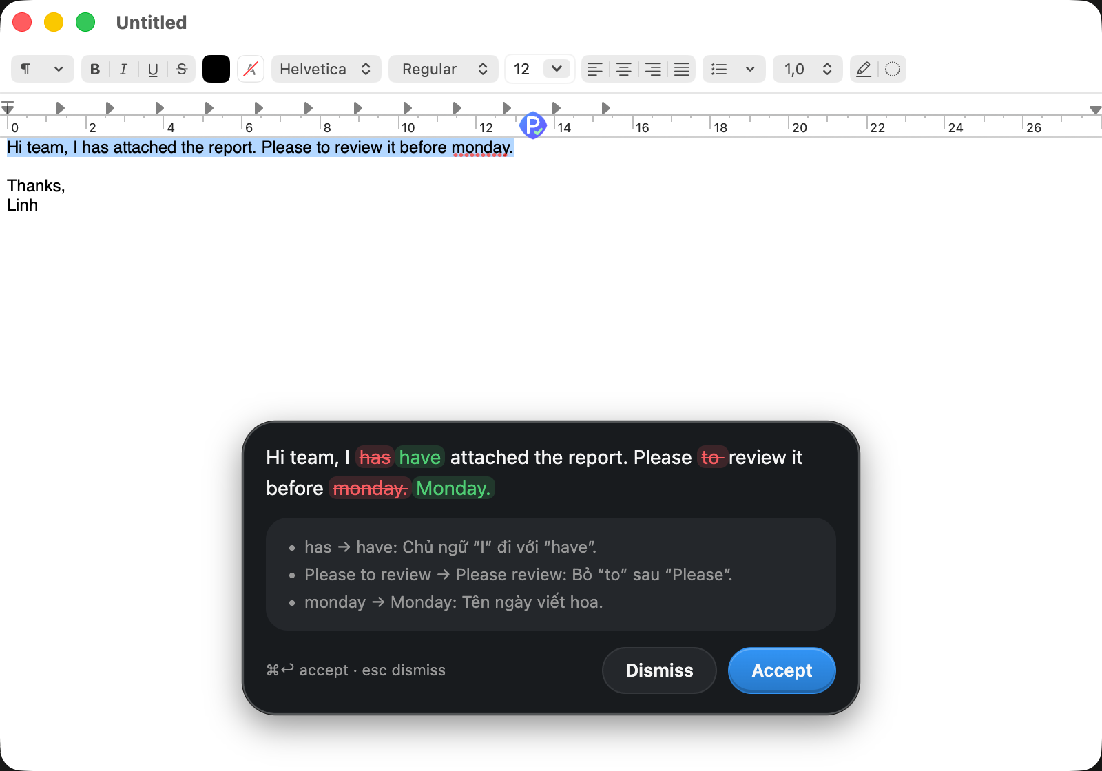 ugrammar correcting selected English text in TextEdit, with a clear diff and Vietnamese explanations
