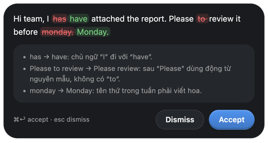 ugrammar corrections with explanations in Vietnamese